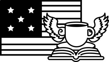 Bir fincanın siyah beyaz görüntüsü ve arka planda bayrak olan bir kitap. Kupa ve kitap açık bir kitabın üzerine konuyor ve arka planda bayrak var.