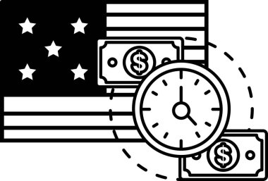 3 ve 9 numaraların üzerinde elleri olan bir saatin siyah ve beyaz görüntüsü. Resimde ayrıca bir yığın Amerikan doları ve bir bayrağı da yer alıyor. Zaman ve para kavramı