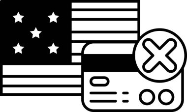 Arkasında Amerikan bayrağı olan bir kredi kartının siyah beyaz görüntüsü. Kredi kartında X harfi var, reddedildiğini gösteriyor.