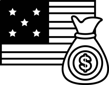 Üzerinde yıldız ve bir çanta dolusu para olan siyah beyaz bir banknot resmi. Dolar banknotu, beyaz bir arka planda duran para çantasının üzerine konur.