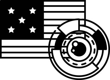 Ortasında bir çember olan Amerikan bayrağının siyah beyaz görüntüsü. Çember, bir kamera lensinin gösterimidir.