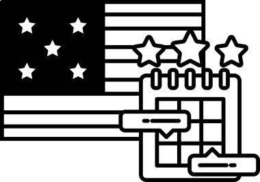 Yıldızlı ve çizgili Amerikan bayrağının siyah beyaz çizimi. Bayrak üzerinde yıldız olan bir takvimle çevrilidir.