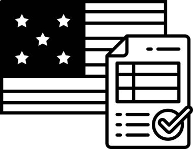 Amerikan bayrağının siyah beyaz bir görüntüsü. Üzerinde bir kağıt parçası işaretli. Gazetenin yanında ögelerin bir listesi ve bir işaretleme işareti var.