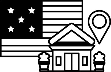 Bir bayrağın yanında bir ev ve bir bina gösteriliyor. Ev kırmızı çatılı beyaz bir binadır. Bayrak yıldızlı büyük bir Amerikan bayrağıdır.