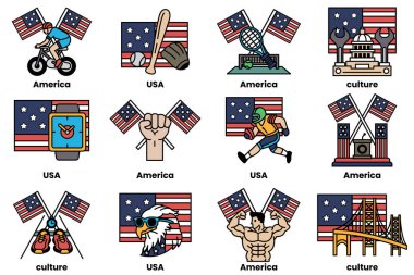 Çeşitli spor ve kültür ikonlarına sahip Amerikan bayrakları. Bayraklar, her biri Amerikan kültürünün farklı yönlerini temsil eden bir şebekeye yerleştirilmiştir.