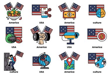 Görüntü, Amerikan bayrakları ve diğer sembollerden oluşan bir koleksiyon. Bayraklar bir ızgaraya yerleştirilmiş, bazıları da diğerlerinin üzerine yerleştirilmiş. Bayraklar Amerikan bayrağını, Birleşik Devletler bayrağını içeriyor.