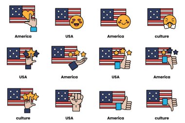 Görüntü arka planda Amerikan bayrağı olan bir karikatür seti. Yüzler tamamen farklı ifadeler. Başparmaklar yukarı, baş parmaklar aşağı ve kalp aşağı.