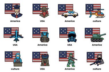 Görüntü, kravatlı bir adam, bir polis memuru, bir asker ve bir pilot da dahil olmak üzere Amerikan simgelerinden oluşan bir koleksiyon. Simgeler bir ızgarada sıralanır