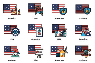 Altında çeşitli simgeler ve semboller bulunan Amerikan bayrakları. Bayraklar, her biri Amerikan kültürünün farklı yönlerini temsil eden bir şebekeye yerleştirilmiştir.