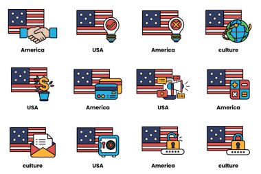 Altında çeşitli simgeler ve semboller bulunan Amerikan bayrakları. Bayraklar bir ızgarada dizilmiş, her birinde farklı bir simge ya da sembol var. Simgeler arasında bir tokalaşma, bir ampul var.