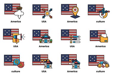 Görüntü, her birinin farklı bir tasarımı olan 12 farklı Amerikan bayraklarından oluşuyor. Bayraklar, her biri Amerikan kültürünün farklı yönlerini temsil eden bir şebekeye yerleştirilmiştir.