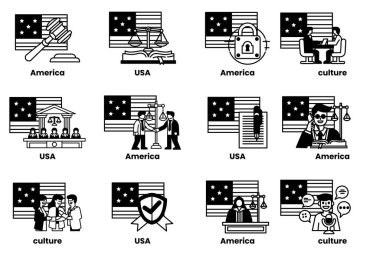 Görüntü, ABD ve kültürünün bir dizi illüstrasyonudur. Resimler arasında bir yargıç, bir avukat, bir polis memuru ve takım elbiseli bir kişi yer alıyor.