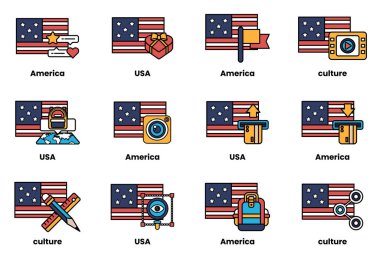 Çeşitli simgeler ve sembollerle Amerikan bayrakları. Bayraklar bir şebekeye yerleştirilmiş, her biri Amerikan kültürünün farklı yönlerini temsil ediyor. Simgeler arasında bir kamera, bir sırt çantası var.
