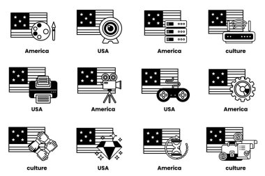 Resim, Amerikan kültürünün çeşitli yönlerini temsil eden farklı simgelerden oluşan bir koleksiyondur. Simgeler arasında bir kamera, bir film kamerası, bir elmas, bir kitap, bir kalem, bir klavye, bir bilgisayar faresi yer alıyor.