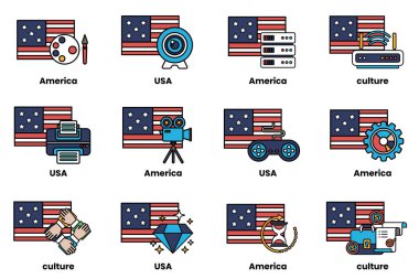 Amerikan kültürünün ve toplumunun farklı yönlerini temsil eden çeşitli simge ve simgelere sahip bir dizi Amerikan bayrakları. Bayraklar bir ızgaraya dizilmiştir, her birinde eşsiz bir dizayn vardır.