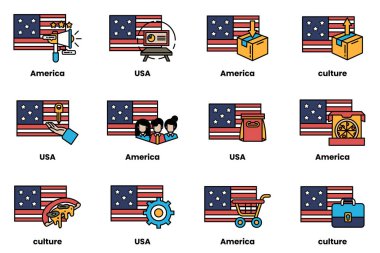 Resim, çeşitli simge ve sembollere sahip farklı Amerikan bayraklarından oluşan bir koleksiyon. Bayraklar, her biri Amerikan kültürünün farklı yönlerini temsil eden bir şebekeye yerleştirilmiştir.