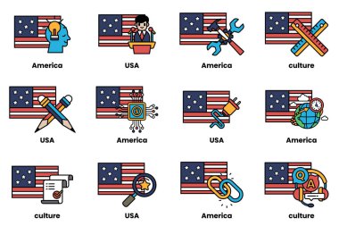 Görüntü, her biri Amerikan kültürünün farklı yönlerini temsil eden 12 farklı bayraktan oluşuyor. Bayraklar bir ızgarada dizilmiş, her birinde eşsiz bir tasarım ve renk şeması var.