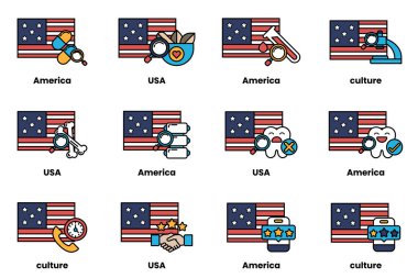 Görüntü, üzerinde farklı bir sembol veya nesne bulunan on iki farklı Amerikan bayraklarından oluşuyor. Bayraklar bir ızgarada dizilmiş, her birinin kendine has bir tasarımı var.