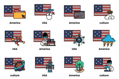 Çeşitli Amerikan ikonları, bir robot, bir bilim adamı ve bir doktor dahil. Simgeler resmin her tarafına dağılmış, bazıları solda, bazıları sağda görünüyor.