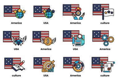 Çeşitli sembol ve simgelere sahip bir dizi Amerikan bayrağı. Bayraklar bir şebekeye yerleştirilmiş, her biri Amerikan kültürünün farklı yönlerini temsil ediyor. Bazı sembollerde bir kitap var.