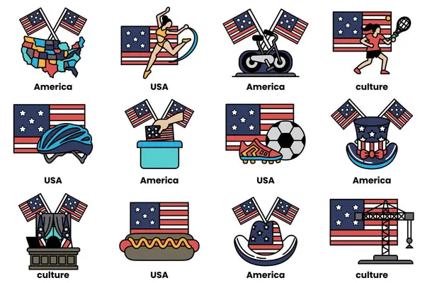 Görüntü, Amerikan bayrakları ve spor simgelerinin bir koleksiyonu. Bayraklar, her biri Amerikan kültürünün farklı yönlerini temsil eden bir şebekeye yerleştirilmiştir.