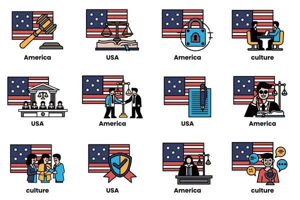 İmaj, hakimler, avukatlar ve diğer hukuki profesyoneller de dahil olmak üzere farklı Amerikan simgelerinden oluşan bir koleksiyon. Simgeler bir ızgarada sıralanır