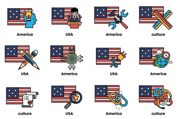 Görüntü, her biri Amerikan kültürünün farklı yönlerini temsil eden 12 farklı bayraktan oluşuyor. Bayraklar bir ızgarada dizilmiş, her birinde eşsiz bir tasarım ve renk şeması var.