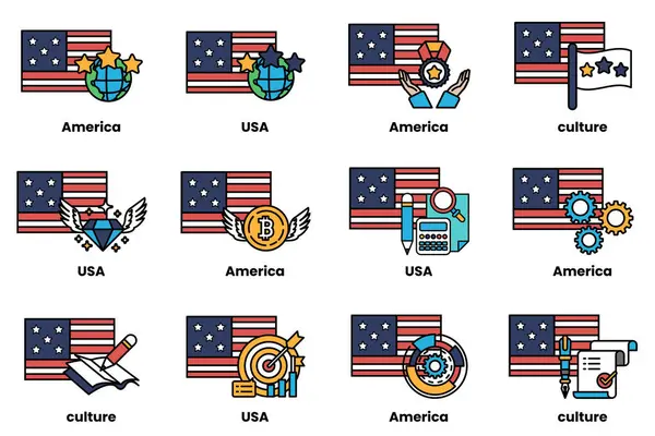 Çeşitli sembol ve simgelere sahip bir dizi Amerikan bayrağı. Bayraklar bir şebekeye yerleştirilmiş, her biri Amerikan kültürünün farklı yönlerini temsil ediyor. Bazı sembollerde bir kitap var.
