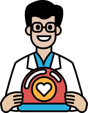 Kırmızı kalp tutan beyaz laboratuvar önlüklü bir adam. Adam gülümsüyor ve mutlu.