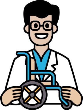 Tekerlekli sandalye tutan beyaz önlüklü bir adam. Gülümsüyor ve mutlu.