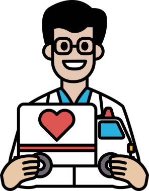 Gözlük takan bir adam ve üzerinde kalp olan bir laptop tutan beyaz bir laboratuvar önlüğü. Gülümsüyor ve mutlu.