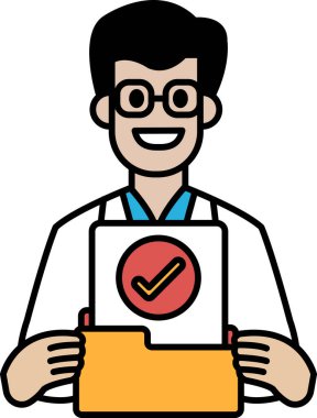 Beyaz laboratuvar önlüklü bir adam üzerinde kırmızı işaret olan bir dosya tutuyor. Gülümsüyor ve işiyle gurur duyuyor.