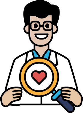 Ortasında kalp olan büyüteç tutan beyaz laboratuvar önlüğü giyen bir adam. Adam gülümsüyor ve mutlu.