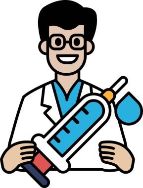 Beyaz laboratuvar önlüklü bir adam elinde şırınga tutuyor. Gülümsüyor ve mutlu.