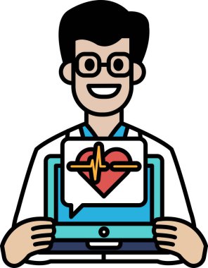 Adamın biri elinde üzerinde kalp olan bir laptop tutuyor. Gülümsüyor ve mutlu.