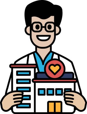 Bir adam bir bina tutuyor ve gülümsüyor. Binanın üzerinde bir kalp var. Adam beyaz laboratuvar önlüğü giyiyor.