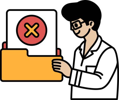 Bir adam üzerinde X olan sarı bir dosya tutuyor. Gözlük takıyor ve beyaz gömlek giyiyor.