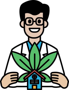 Beyaz laboratuvar önlüklü bir adam bir evin yanında bitki tutuyor. Adam gülümsüyor ve mutlu.