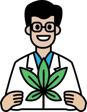 Yapraklı yeşil bir bitki tutan laboratuvar önlüklü bir adam. Gülümsüyor ve mutlu.