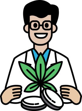 Elinde bitki ve üç hap tutan laboratuvar önlüklü bir adam. Sahne neşeli ve şen şakrak