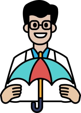 Bir adam bir şemsiye tutuyor ve gülümsüyor. Şemsiye kırmızı ve mavi. Adam beyaz laboratuvar önlüğü giyiyor.