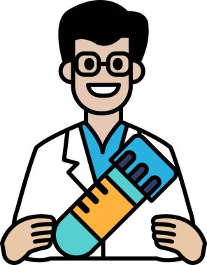 Elinde şırınga tutan laboratuvar önlüklü bir adam. Gülümsüyor ve mutlu.