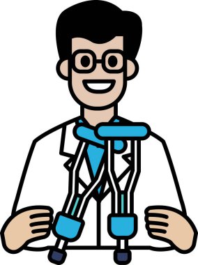 Beyaz laboratuvar önlüklü çizgi filmci iki koltuk değneği tutuyor. Gülümsüyor ve mutlu.