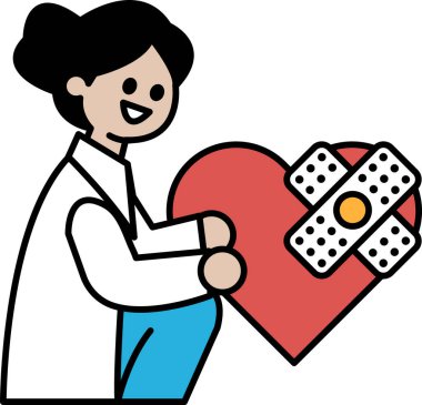 Beyaz laboratuvar önlüklü bir kadın üzerinde bandaj olan bir kalp tutuyor. Birinin refahı için bakım ve endişe kavramı