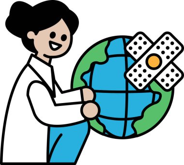 Bir kadın elinde bir küre ve bir kutu bandaj tutuyor. Kadın gülümsüyor ve dünya mavi.