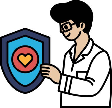 Bir adam üzerinde kalp olan bir kalkan tutuyor. Kalkan mavi ve kırmızı. Adam gülümsüyor.