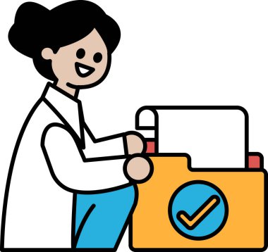 Bir kadın dosya dolabının önünde yüzünde bir gülümsemeyle oturuyor. Dosya dolabı sarı ve üzerinde kontrol işareti var.