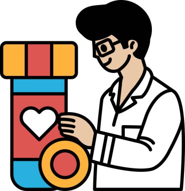 Bir adam üzerinde kalp olan bir şişe tutuyor. Gülümsüyor. Şişe kırmızı ve mavi.