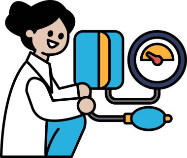 Beyaz laboratuvar önlüğüyle oturan bir kadın ve elinde kan basıncı kelepçesi var. Kadın, hastanın sağlığıyla ilgilenen bir tıp uzmanı olduğu için, profesyonellik ve bakım kavramı