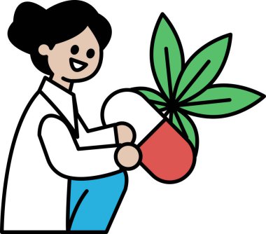 Elinde hap ve bitki tutan bir kadın karikatürü. Kadın bir doktor ve hap da bir ilaç. Sahne neşeli ve şen şakrak
